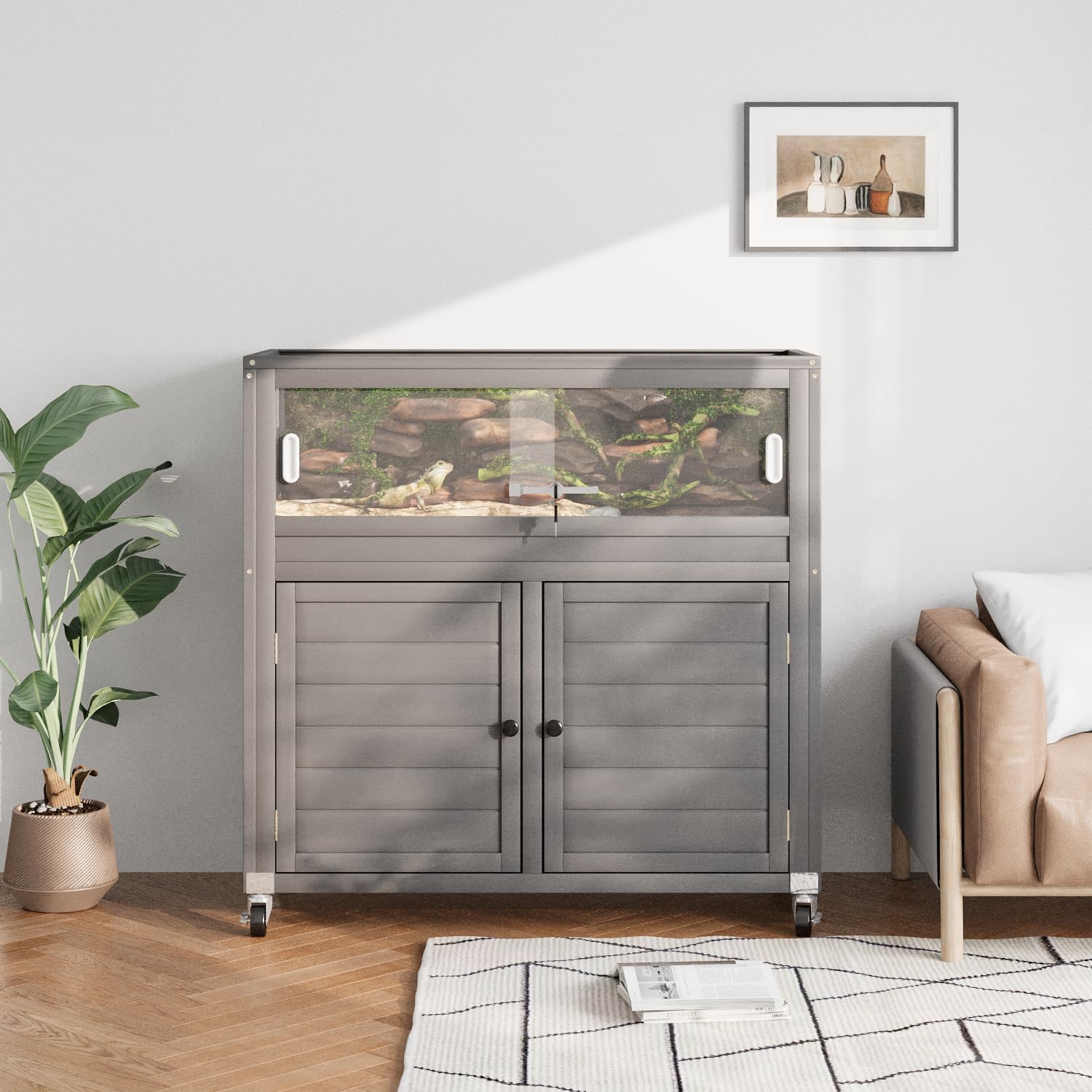 Neocozy Natural Wood Reptile Enclosure,Secure Locking System & All-Terrain Wheels With Built-In Storage Cabinet And Stand, 40 Ga
